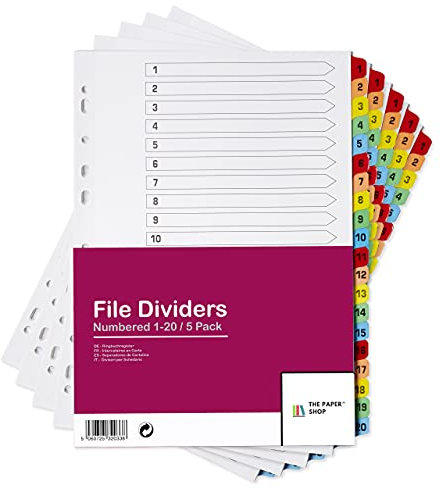 [5 Pack] A4 File Dividers 20 Part Numbered 1-20 | A4 Subject Dividers 20 Part Numbered 1-20 with Multipunched Reinforced Colour Tabs 150gsm