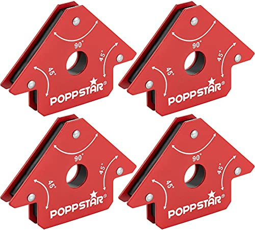 Poppstar Escuadra magnetica para soldar pequeña (Juego de 4 pzas), Fuerza de adhesión de los imanes para soldar: 11,3 Kg, ángulos 45°, 90°, 135°