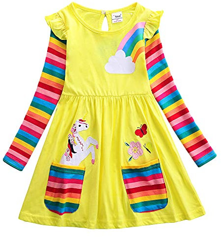 SFreeBo Dresses for Girls 7-8 Years Girls Yellow Dress Rainbow Long Sleeve T-Shirt Dress Kids Cotton Unicorn Dress Winter Autumn Party Dresses for Girls