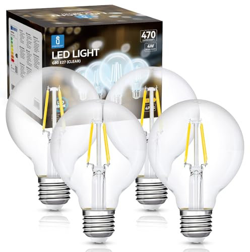 Aigostar LED E27 Vintage Glühbirne 4W (Ersetzt 40W), 470 Lumen, Kaltweiß 6500K, Abstrahlwinkel 300°, G80 Edison Lampe Filament Retro Transparent Flimmerfrei, CRI>80, 4 Stück