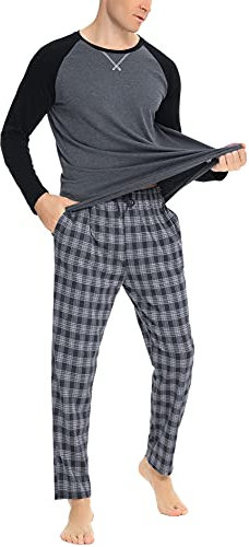 Litherday Pyjama Homme Hiver Ensembles de Pyjama Homme Coton Vêtements de Nuit à Manches Longues Haut et Pantalon à Carreaux A Gris XL