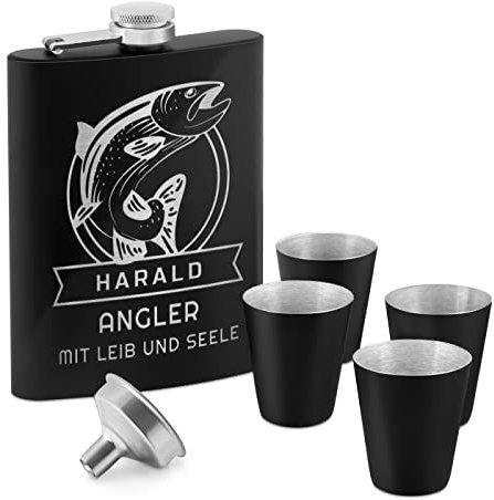 Maverton Flachmann Set 200 ml mit Gravur - Taschenflasche + 4 Schnapsgläsern 20 ml mit Trichter - Brustflasche für Männer - Farbe: mattschwarz - Fisch