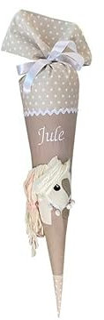 Glückspilz Schultüte mit Namen personalisiert, Pferd, Zuckertüte aus Stoff genäht, mit Kissen + Rohling, Beige