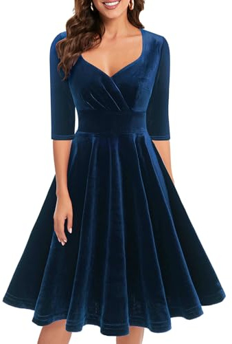 Bbonlinedress Robe Femme Chic et Elegant de Soirée Noël Hiver Midi pour Mariage Réveillon Nouvel an Cocktail Bal Promo Col en V Manches Longue V-Navy L