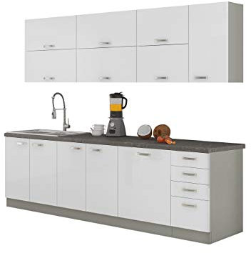Mirjan24 Küche Multiline IV, 260 cm Küchenblock/Küchenzeile mit Arbeitsplatte und Spülbecken, 7 Schrank-Module frei kombinierbar (Grau/Weiß Hochglanz; ohne Beleuchtung)