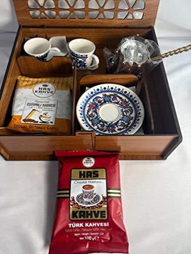 Turkish Coffee Gift Set for Two in Wooden Gift Box Perfect Starter Kit Ottoman Style Arabic Kahwa Medium Roast Grounded 200gr Pot UK