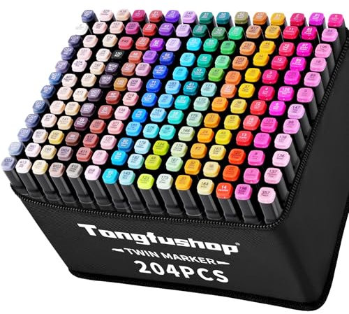 Tongfushop 204 Farben Alkohol Stifte Set, 2S Schnell Trocknende Doppelspitze Alkohol Marker, Meißel & Feine Alkoholmarker Filzstifte mit Anti-Seepage Abstandshaltern für Malerei Design Manga