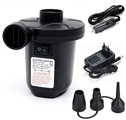 Inflador Eléctrico con Enchufe 220V y 12V con 3 Accesorios para Boquillas. Caudal de Trabajo 400 L/min. Hinchador Eléctrico Capacidad hasta 0.5 PSI. Bomba de Aire para Colchon Hinchable.