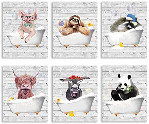 SUPERDANT 6pcs Animal Bathroom Wall Art Prints Bathroom Wall Pictures Bathtub Canvas Poster Cute Animals for Kid's Room Nursery Toilet Unframed 20x25cm