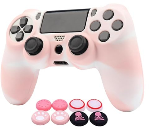 RALAN Tie-Dye - Fundas de silicona para mando de PS4, color blanco y rosa, compatible con Playstation 4/PS4 Slim/PS4 Pro Controller (6 empuñaduras de pulgar Pro rosa, 2 empuñaduras de calavera)