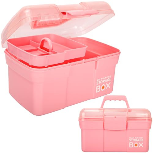 Creahaus 28cm Mehrzweck-Aufbewahrungsbox mit abnehmbarem Tablett, kleine Kunststoff-Aufbewahrungsbox mit Griff, tragbarer Kunsthandwerk-Organisationskoffer für Nähen, Make-up, Medizin, Nagel
