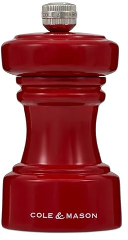 Cole & Mason Hoxton Red Gloss Pepper Mill, Precision+ Carbon Mechanism, Compact Pepper Grinder with Adjustable Grind, Beech Wood, 104mm, Seasoning Mill, Lifetime Mechanism Guarantee