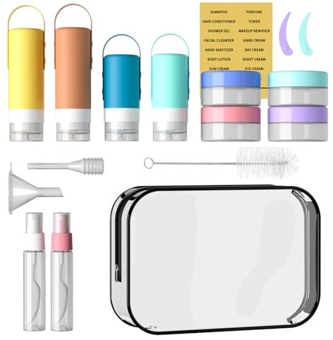 MFLABEL 16 Pack Botellas de Viaje Silicona - Botes Rellenables Viaje, FDA Certificado Sin BPA, Juego de Botellas Viaje para Champús Lociones y Artículos de Tocador, aprobados por la TSA (Color)