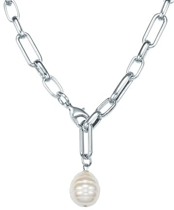 Lulu Jane Damen Kette aus Metall-Legierung mit barock Muschelkernperle ca. 13 mm Perlenhalskette silber