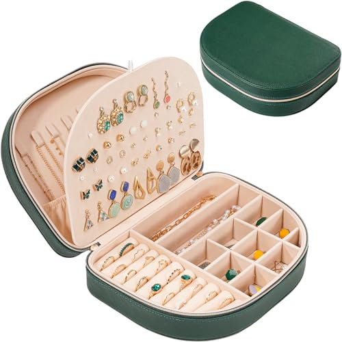 ProCase Reise Schmuckkästchen, Große Schmuckschatulle für Damen PU-Leder Aufbewahrungsbox Schmucketui Schmuckbox Schmuckaufbewahrung für Ringe Ohrringe Halsketten Geschenk- Grün