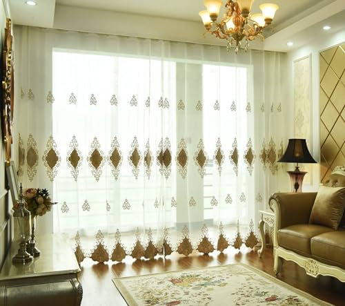 Mesnt Voile Vorhang mit Ösen, Fensterdekoration mit Blumenstickerei, halbtransparent, Kaffee, 132 x 183 cm