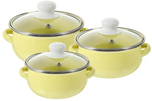 DECHOUS Emaille-Suppentopf-Set Mit Deckel 3-Teilig Blumen-Emaille Auf Stahl-Suppentopf Mit Deckel -Kochtopf Schmortopf Mit Griff Für Herdplatte Induktion Gasherd Gelb