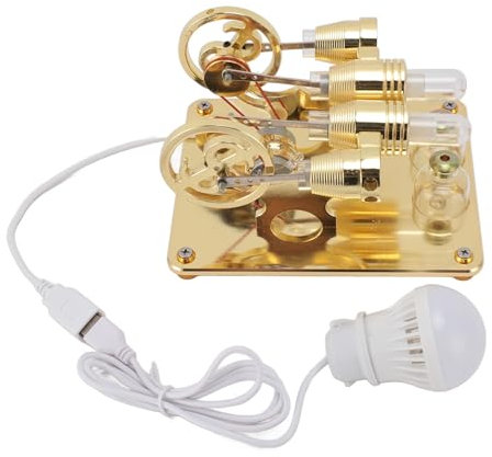 Fockety 4-Zylinder-Heißluft-Stirlingmotor, Miniatur-Heißluft-Stromgenerator, Physiklabor, Lehrmodell, Werkzeug, Sportunterricht, Experimentelles Spielzeug für und Erwachsene (Gold)