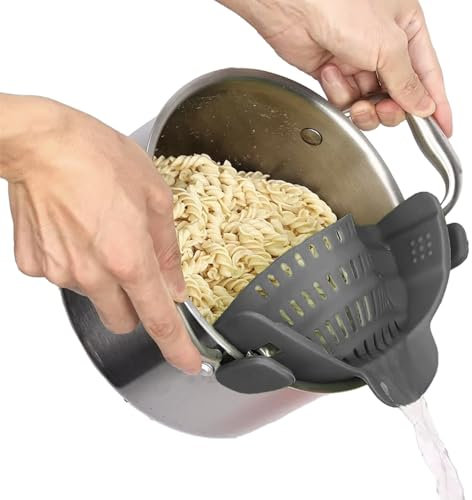 Clip On Colander Strainer, Adjustable Silicone Pot Sieve, Vegetables, Noodles, Spaghetti, Pasta Food Drainer, Chef Tool Gift, Cool Home Cooking Kitchen Accessories, for Pouring & Draining Food, Grey