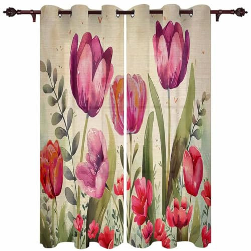 TSMMB Vorhang Blickdicht Ösen Kurz 2Er Set Muster Tulpe,3D Gardinen Wohnzimmer Modern Blickdicht Kinderzimmer Jungen Mädchen,Flächenvorhang Schlafzimmer,140X100Cm(Lxh),A17