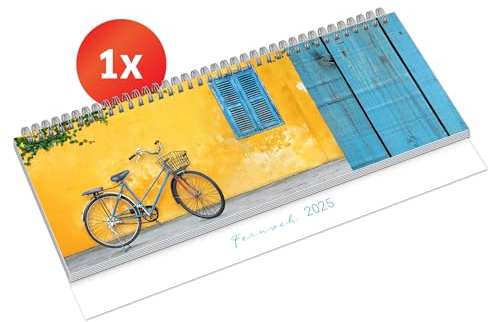 PRIMUS PRINT Tischkalender 2025 Quer Wochenkalender – Terminkalender und Jahreskalender – 297x130mm, 75g Naturpapier, 64 Seiten, Drahtkammbindung, Feiertage und Schulferien - [Einzeln - Fernweh]