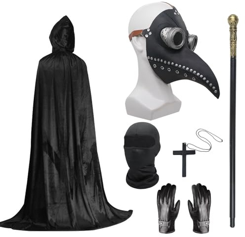 Conjunto de disfraz de médico de la peste, máscara de Halloween, máscara de pico de nariz larga, color negro con capa negra con capucha negra, collar de cruz, guantes, máscara de cara completa para