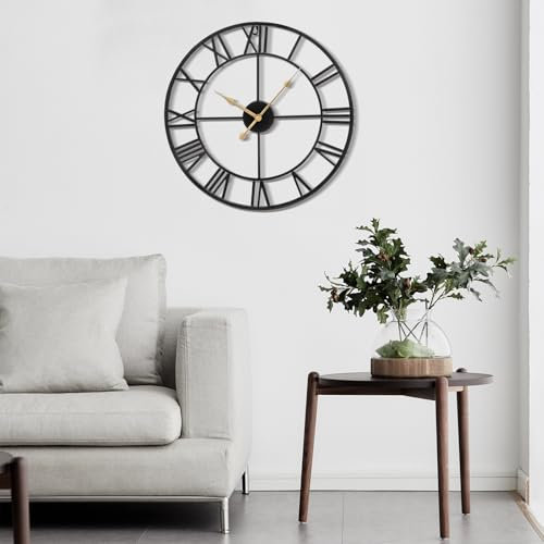 Youyijia Wanduhr Runde Metall Wanduhr Vintage-Stil Wanduhr mit römischen Ziffern Schwarze Wanduhr für Inneneinrichtung Wohnzimmer Küche (35cm)