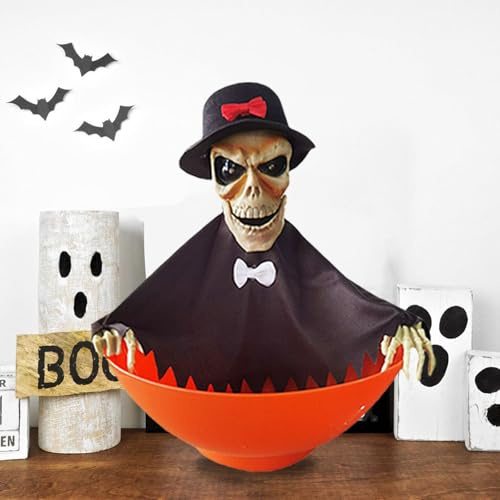 Dorclife Elektrische Teller-Skelett-Süßigkeitsschale Halloween Süßigkeiten Schüssel Deko mit LED Augen und Sound Halloween-Süßigkeitsschalenhalter für Tischdekoration Halloween-Dekorationen
