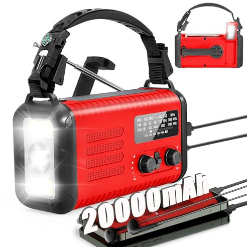 Wind Up Solar Radio, 20000mAh Survival Hand Crank Dynamo, AM/FM Emergency Weather Radio, Battery Powered with Cell Phone Charger, SOS Alarm, Flashlight & Reading Lamp for Household/Outdoor Camping