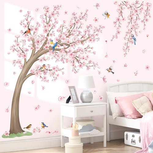 wondever Stickers Muraux Grand Fleur de Cerisier Arbre Rose Autocollants Muraux Mural Stickers Fleurs Pendantes Branche Oiseaux pour Chambre Salon Bureau Mur TV