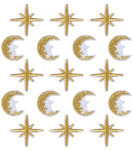 SUPERFINDINGS 60 Stück 2 Stile Mond Stern Bestickte Patch Mond Stern Bügeleisen Auf Patches Mond Stern Applikations Patches Bulk Kleine Aufnäher Gold Kleine Stoff Patches Für Kleidung