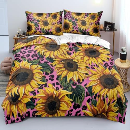 Ypthriline Sunflower Single Duvet Cover Set Leopard Print Bedding with Zipper Closure, Ultrasoft Premium Microfiber Quilt Cover, Easycare Bedding Set with 2 Pillowcases 50x75cm