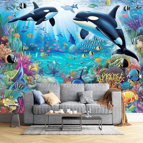 JEDTAKCT Fototapete Killerwale Fische 400X280Cm - Seidetapete - Wandtapete - Meerestiere Art Fototapete - Wand - Wandbilder Schlafzimmer Wohnzimmer Bildtapete Foto Tapete