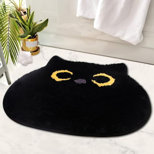 Yamepuia Schwarze Katze Badematte,Badteppich rutschfest Waschbar,Absorbent Katze Teppich Badezimmer für Badezimmer,Badewanne,Eingang,TüRmatte 50x55cm