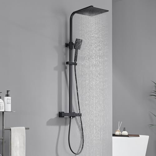 Auralum Regendusche Komplettset mit Thermostat, Duschsystem Schwarz, Duschgarnitur Messing Armatur, Quadratische Regendusche 25x25cm, Duschkopf 8x8cm, Edelstahl Duschstangen Höhenverstellbar 82-125cm