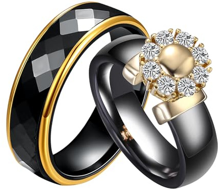 AMDXD Damen & Herren Trauringe Paare Ringe, Keramik Partnerringe Verlobungsring Hochzeitsring Band Ring mit Weiß Zirkonia, Geschenk für Ehefrau Mann Freundin Freund, Schwarz Gold, Gr.52-62