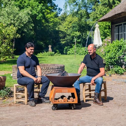BBQ Plancha Grill Brasero Feuerschale Cortenstahl mit großen Rädern und Holzlagerung Ø75cm