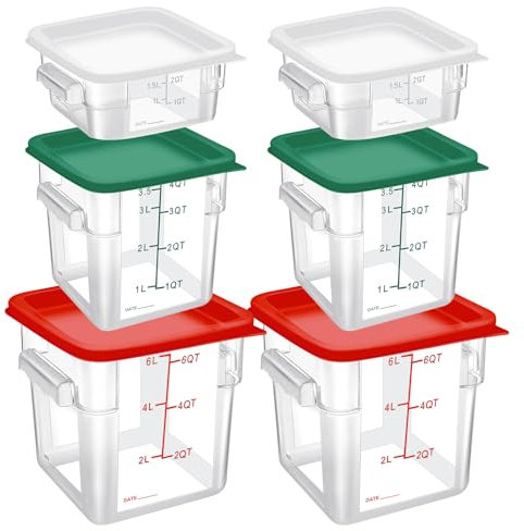 TESIN 6 Pcs Food Storage Container with Lids Set 2 Qt 4 Qt 6 Qt Square Clear Commercial Containers with Scales Handles for Home Restaurant Kitchen Food Storage Proof Dough Marinating Meat