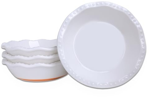 LEETOYI 5.8 Inch Mini Pie Pans, 8 Ounce Ceramic Pie Plate Pie Dish Ramekins for Kitchen, Individual Stackable Pie Tins, Set of 4 (White/Brown)