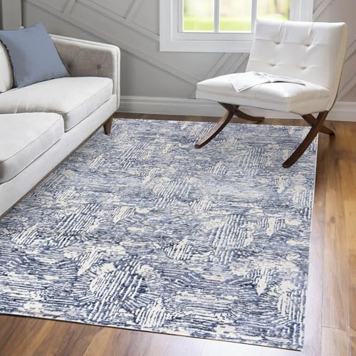 Mazovia Groß Teppich Wohnzimmer 200x300cm Blau Geometrisch Hampton Kurzflor | Teppich für Schlafzimmer Büro Esszimmer 3D-Muster Pflegeleicht Tierfreundlich Allergikerfreundlich Fußbodenheizungsgeeignet