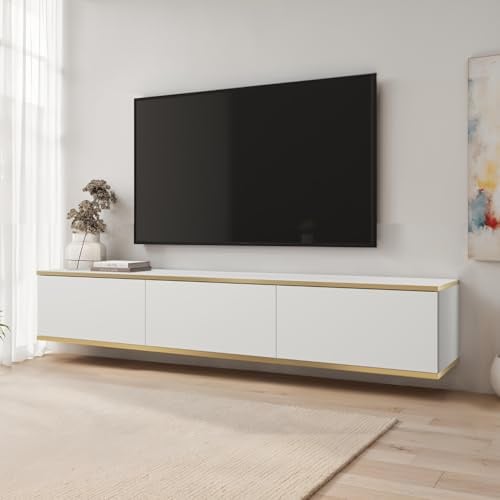 Komodee Banff TV175 - TV Schrank, Weiße Glatte Front, Eiche Artisan, Breite 175 cm, Höhe 30 cm, Tiefe 32 cm