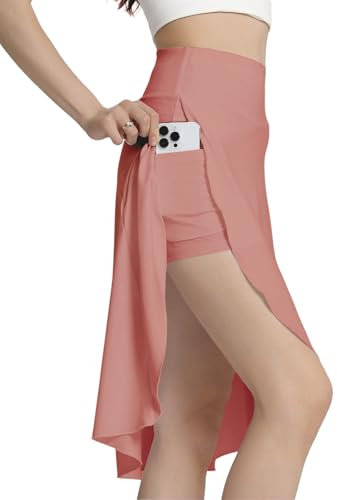 Bezioner Jupe Short Femme Longue Midi Jupe Tennis avec Short Intérieur Poches Haute Taille Skort Golf Ourlet Fendu à Volants Rose L