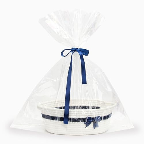 Goodheim Geschenkkorb Leer, Geflochten Korb für Geschenke mit Geschenkfolie Transparent und Geschenkschleife, Präsentkorb Leer für Halloween Erntedank Weihnachten (Weiß mit Schleife)