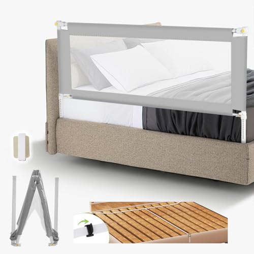 Jopassy Bettgitter 150 X 68 cm Kinderbettgitter Schnellklapp Bettschutzgitter für Kinder,Rausfallschutz Boxspringbett Klappbar Montage luftiges Rausfallschutz Bett für Kleinkinder Baby,Grau