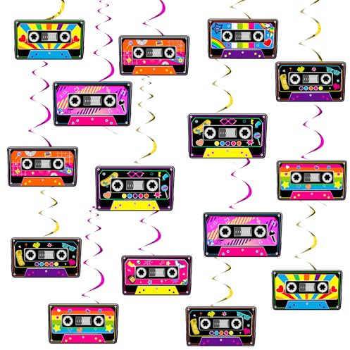 Jollyboom Cinta de casete para decoración de fiesta, 24 unidades de radio de los años 80 y 90, remolinos colgantes de cumpleaños, serpentinas para música hip hop, suministros de fiesta de cumpleaños