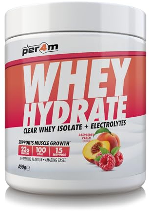Per4m Whey Hydrate | 23g Whey Isolate & Aquamin Electrolytes | Muslce Growth & Hydration | Clear, Refreshing & Low in Sugar | 15 Serving (450g, Raspberry Peach)