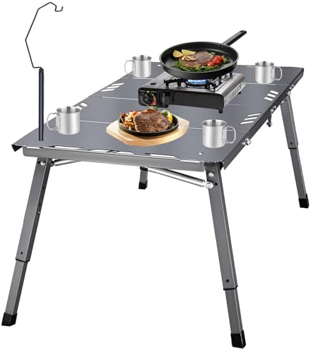 Mesa de campamento, mesa plegable portátil de 4 pliegues y resorte de gas para exteriores, aluminio ligero/acero al carbono con patas ajustables y poste de luz, para picnic, barbacoa, pesca, viajes en