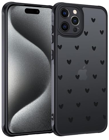 TUUTPU Handyhülle für iPhone 15 Pro Hülle, Aesthetic Motiv Herz Muster Design Matt Transluzente Schlanke Hart Case Kratzfeste PC Rückseite + TPU Bumper Stoßfest Schutzhülle, Schwarz