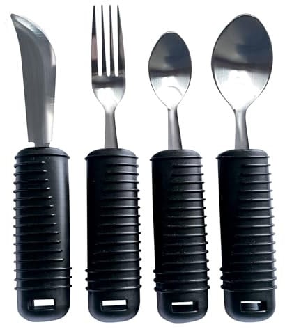 Gima - Set de 4 Couverts Easy Grip, Idéal pour Personnes Âgées ou Handicapées, Fourchette, Couteau, Cuillère et Cuillère à Café, Manche Large Antidérapant, Caoutchouc avec Grip pour Faciliter la Prise