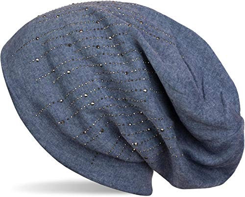 styleBREAKER Damen Beanie Mütze mit Strass Nieten im edlen Streifen Design, Slouch Longbeanie, Stoffmütze Einfarbig 04024086, Farbe:Jeansblau meliert